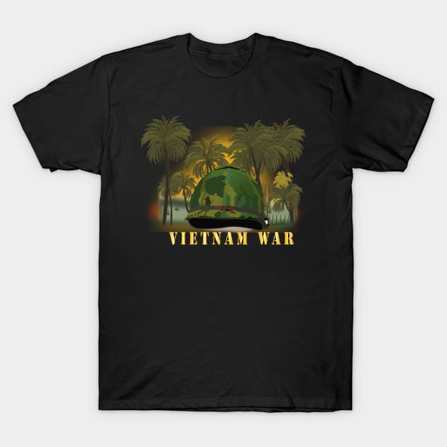 Vietnam Era Helmet Cover - Band - Front - War is Hell w Jungle - Fire w Txt T-Shirt by twix123844